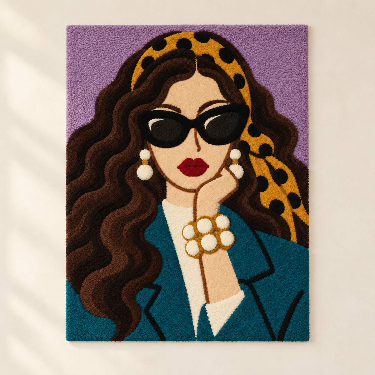 Hewn Earth wall art featuring a leopard scarf and string of pearls, with a vibrant, artistic design on a light background.