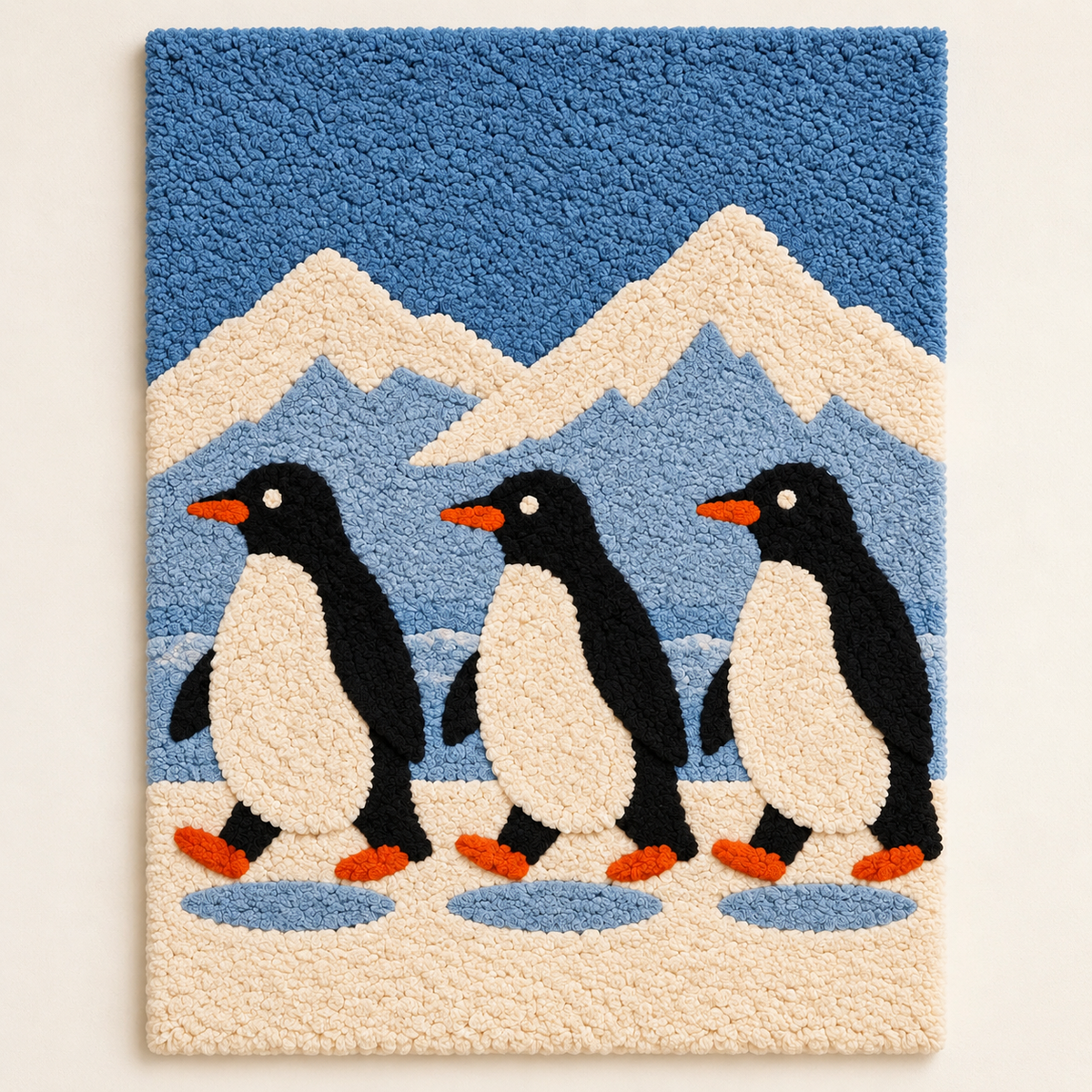 Hewn Earth Penguin Glacier Parade wall art featuring playful penguins and icy glacier scene, suitable for modern home decor.
