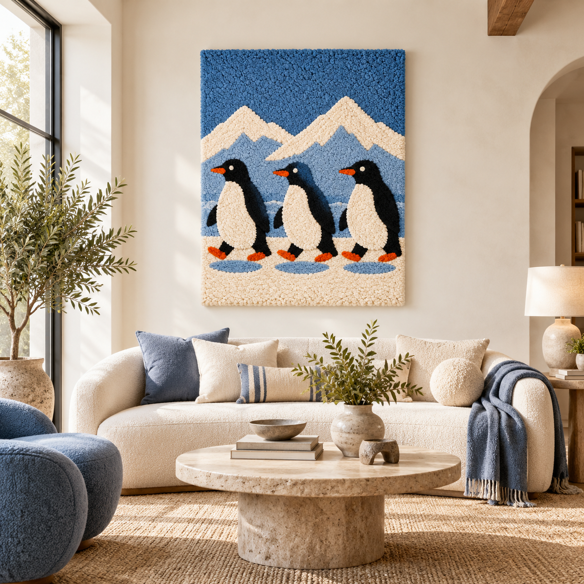 Hewn Earth Penguin Glacier Parade wall art featuring colorful penguins marching through icy glacier landscape.