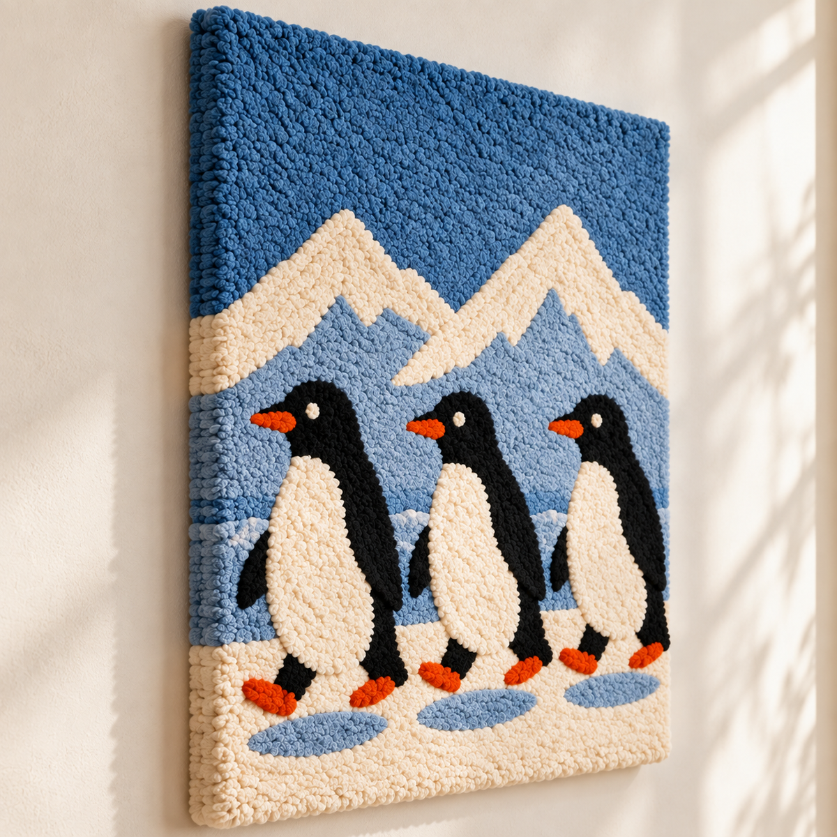 Hewn Earth Penguin Glacier Parade wall art featuring playful penguins on icy glaciers in vibrant colors