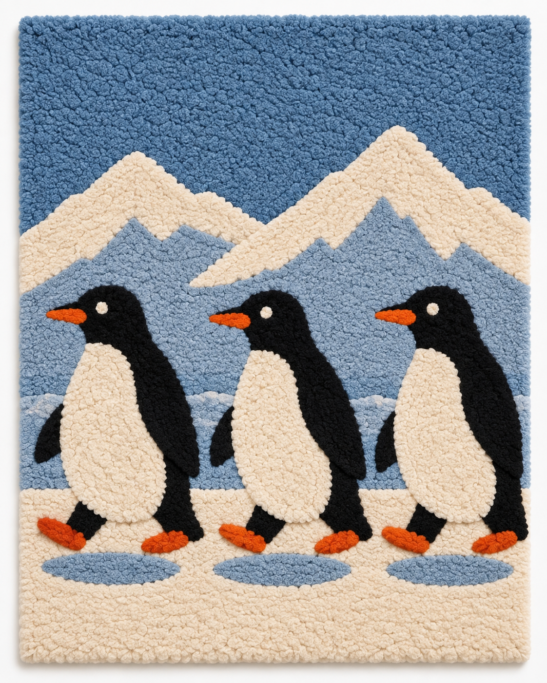 Hewn Earth Penguin Glacier Parade wall art featuring colorful penguins walking on icy terrain, vibrant and detailed design.