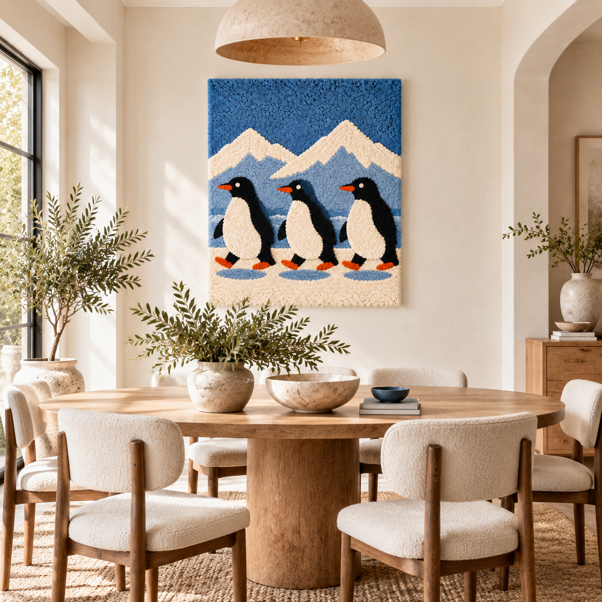 Hewn Earth Penguin Glacier Parade wall art scene featuring playful penguins in a snowy glacier landscape.