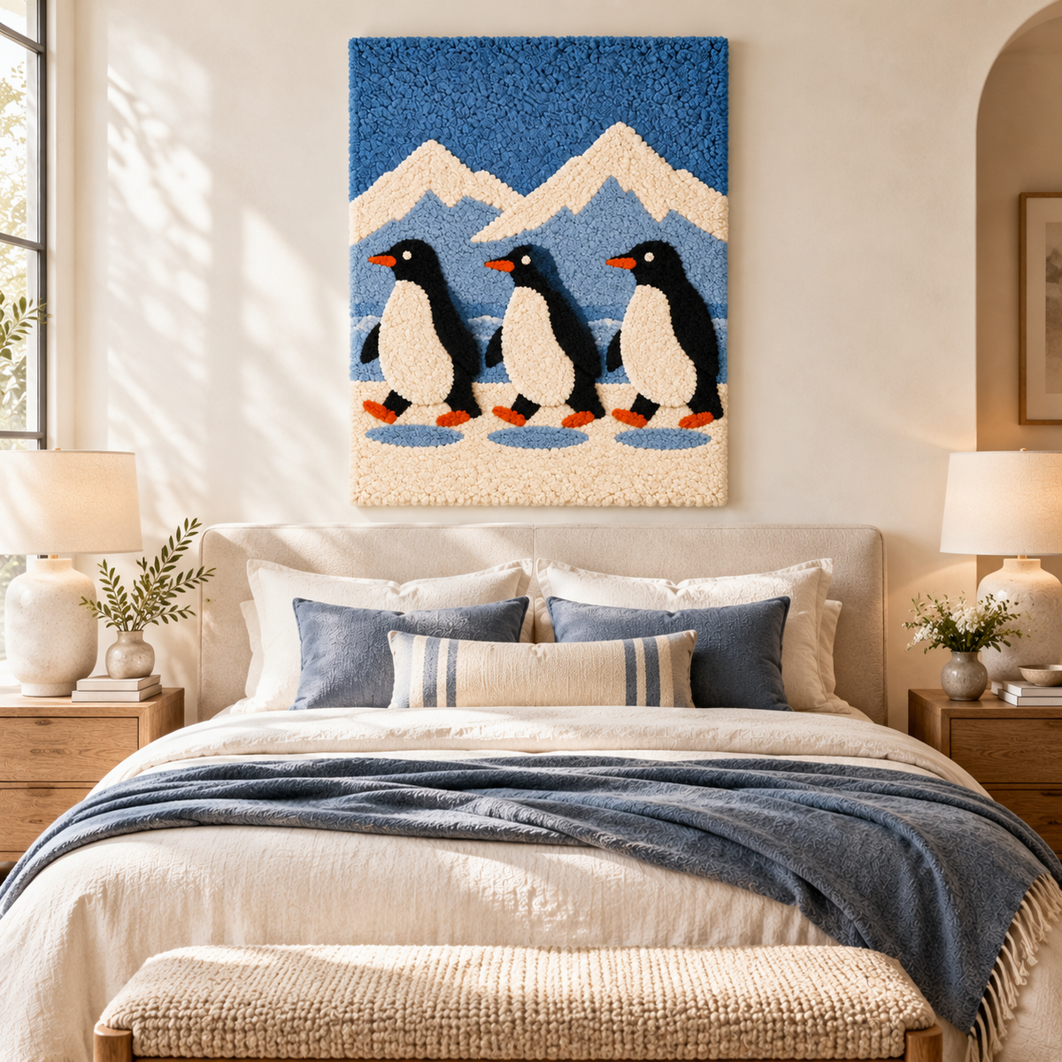 Hewn Earth Penguin Glacier Parade wall art depicting penguins and icy glacier scene in a modern room setting