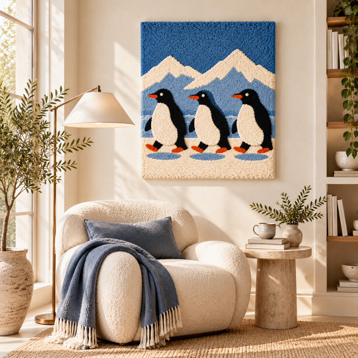 Hewn Earth Penguin Glacier Parade wall art scene depicting playful penguins on icy glaciers in vibrant colors.