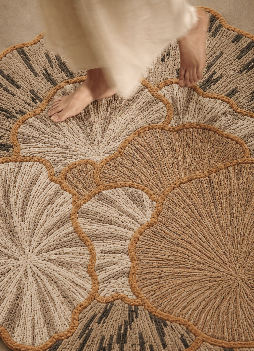 Hewn Earth Studio Petal Rug with ash-colored fibers, featuring soft texture and intricate petal-inspired design for cozy home decor