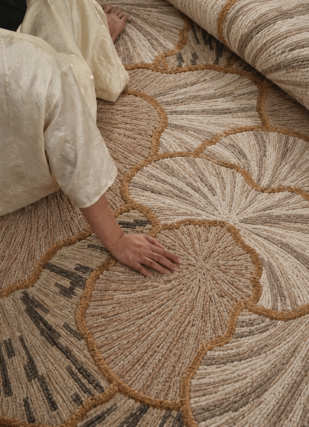 Close-up of the Hewn Earth Studio Petal rug in ash color, showcasing its textured, floral-inspired design.