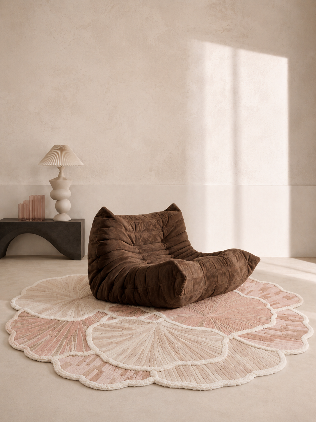 Hewn Earth Studio Petal blush rug with soft, flowing petal design, perfect for adding elegance to a living space.
