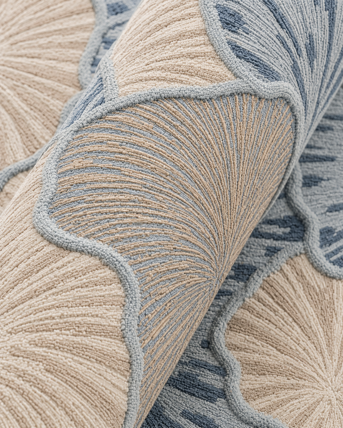 Close-up of Hewn Earth Studio Petal rug in Mist color, showcasing its soft, textured floral design and intricate pattern details.