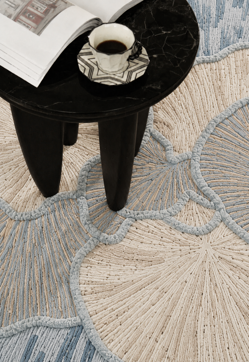 Hewn Earth Studio Petal rug in mist color, showcasing a soft, textured floral-inspired design perfect for modern interiors.