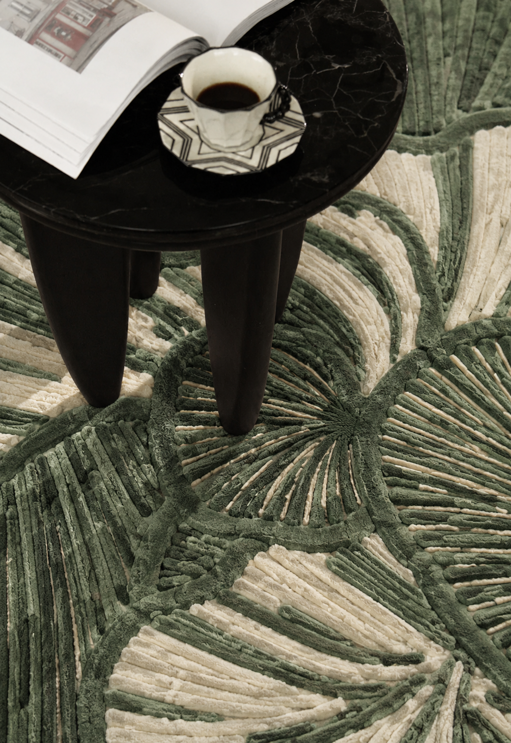 Hewn Earth Studio Petal rug in sage with edge design, soft textured woven home decor for living room or bedroom.