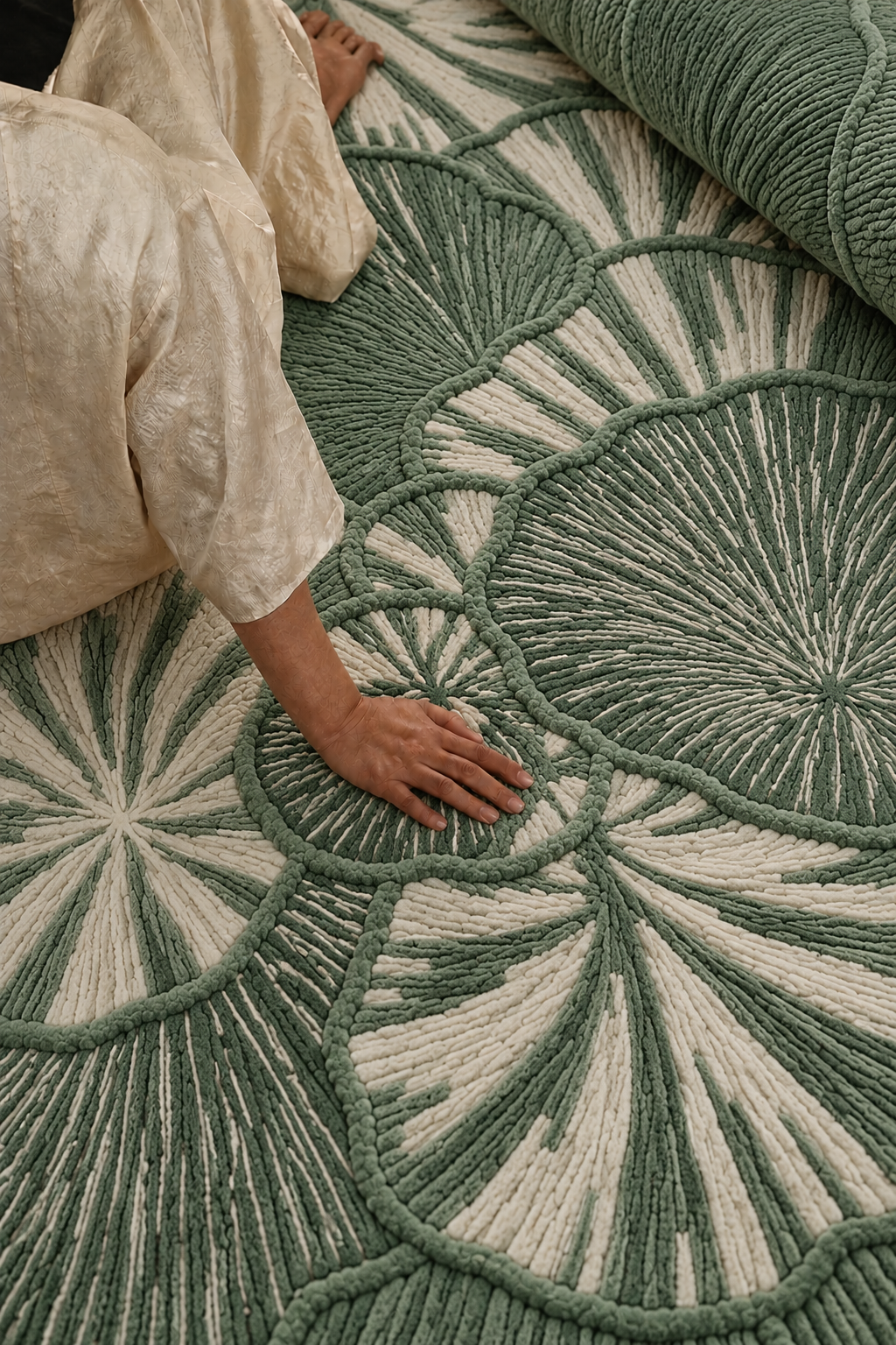 Handwoven sage green Petal rug by Hewn Earth Studio featuring soft, textured fabric and floral-inspired design.