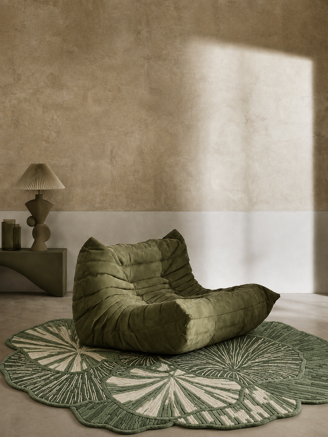 Hewn Earth Studio Petal sage rug with soft, textured fabric and floral-inspired design for cozy home decor.