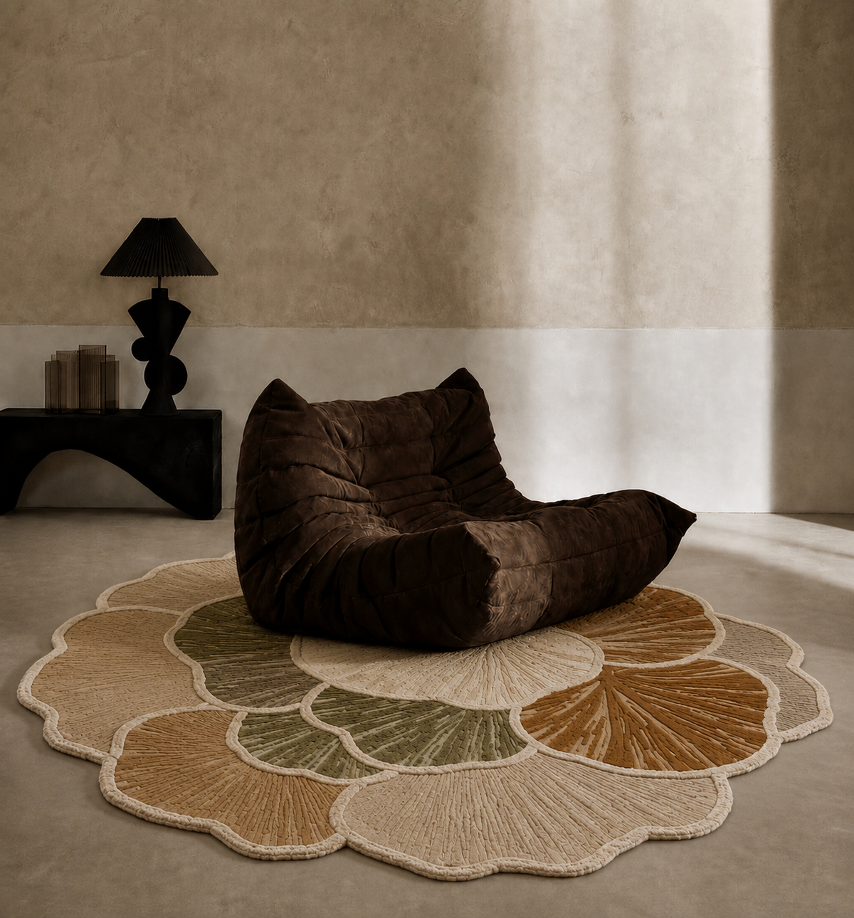 Hewn Earth Studio Petala rug with intricate floral pattern in warm earthy tones, showcasing detailed woven design.