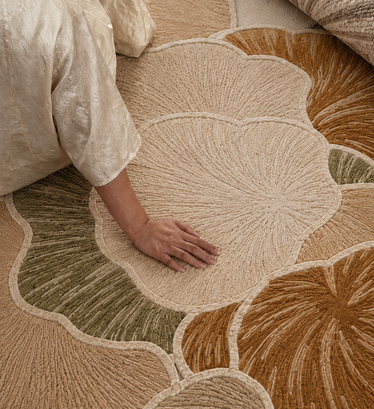 Hewn Earth Studio Petala rug featuring a handwoven, textured design in earthy tones, ideal for adding warmth to a living space.