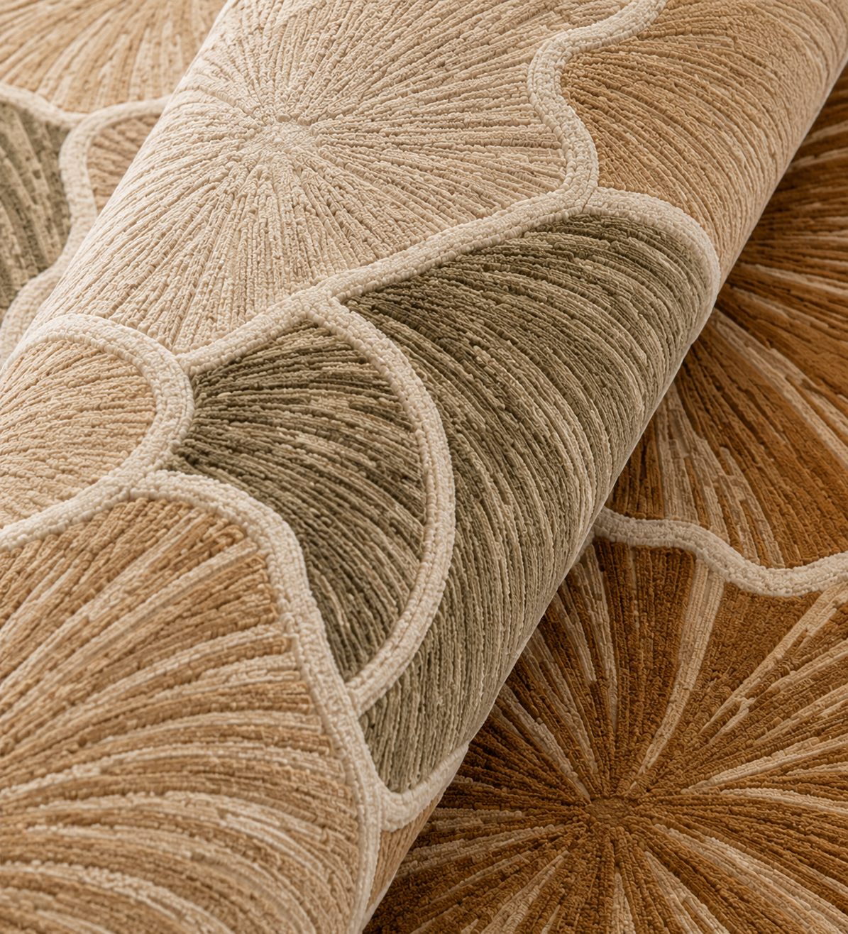 Close-up of the Petala rug by Hewn Earth Studio showcasing intricate floral-inspired design and textured woven details.