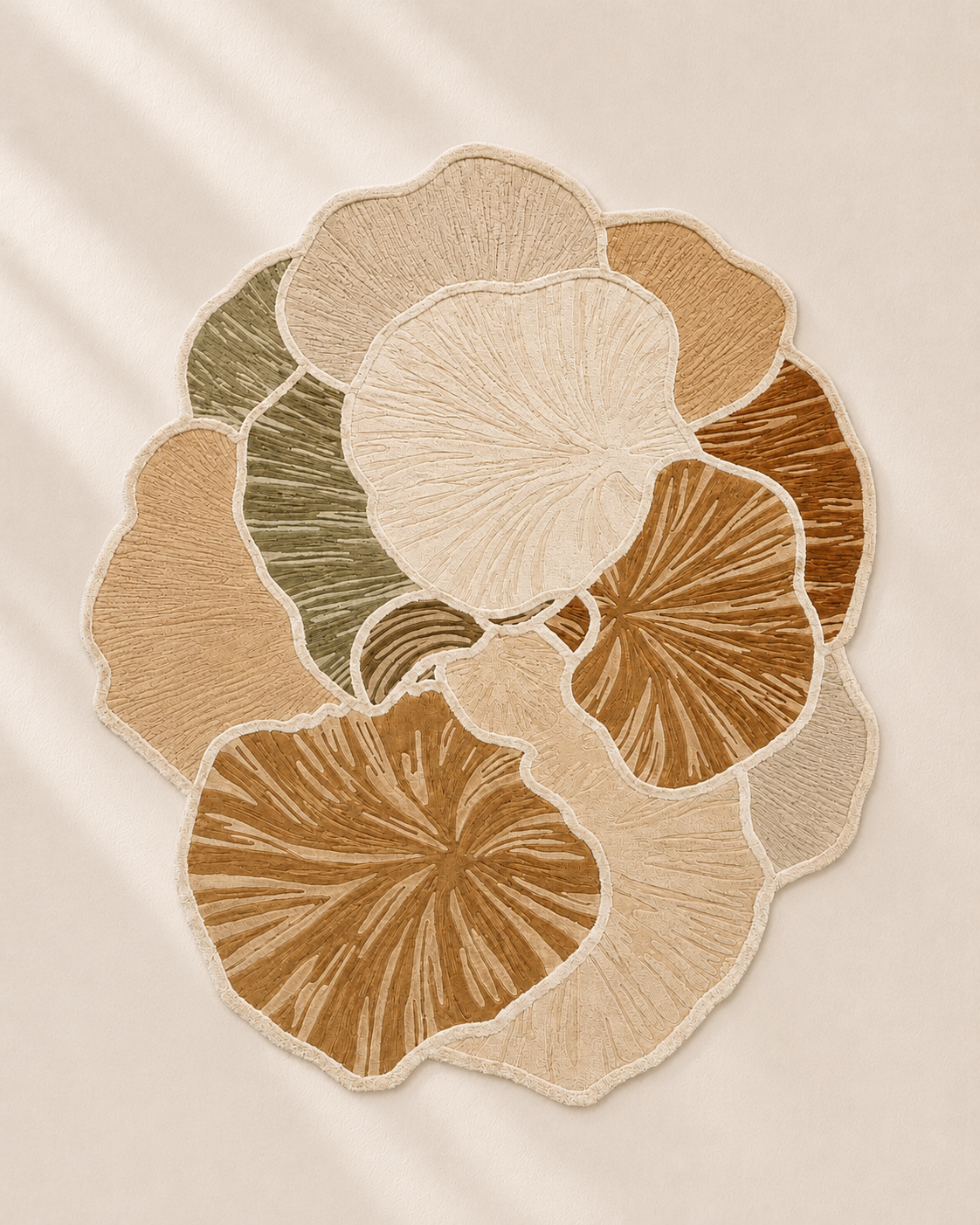 Hewn Earth Studio Petala rug featuring intricate floral patterns in warm earthy tones, showcasing a soft, textured textile design.
