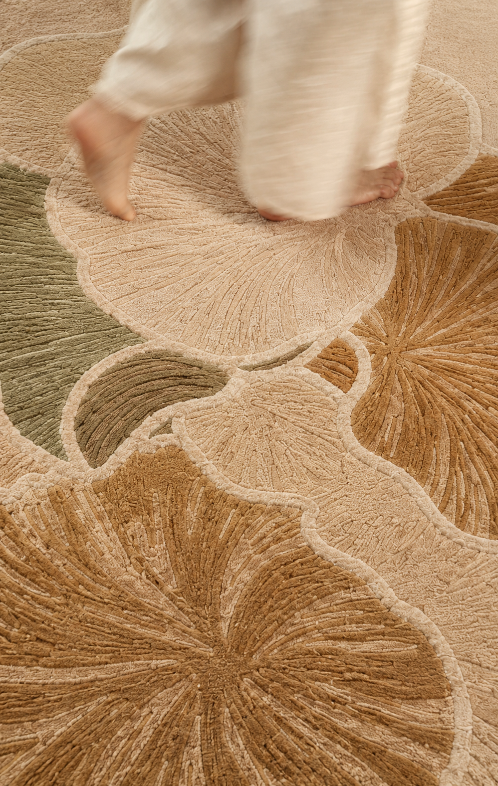 Hewn Earth Studio Petala rug in walk pattern, featuring intricate geometric designs in neutral tones, suitable for modern home decor.