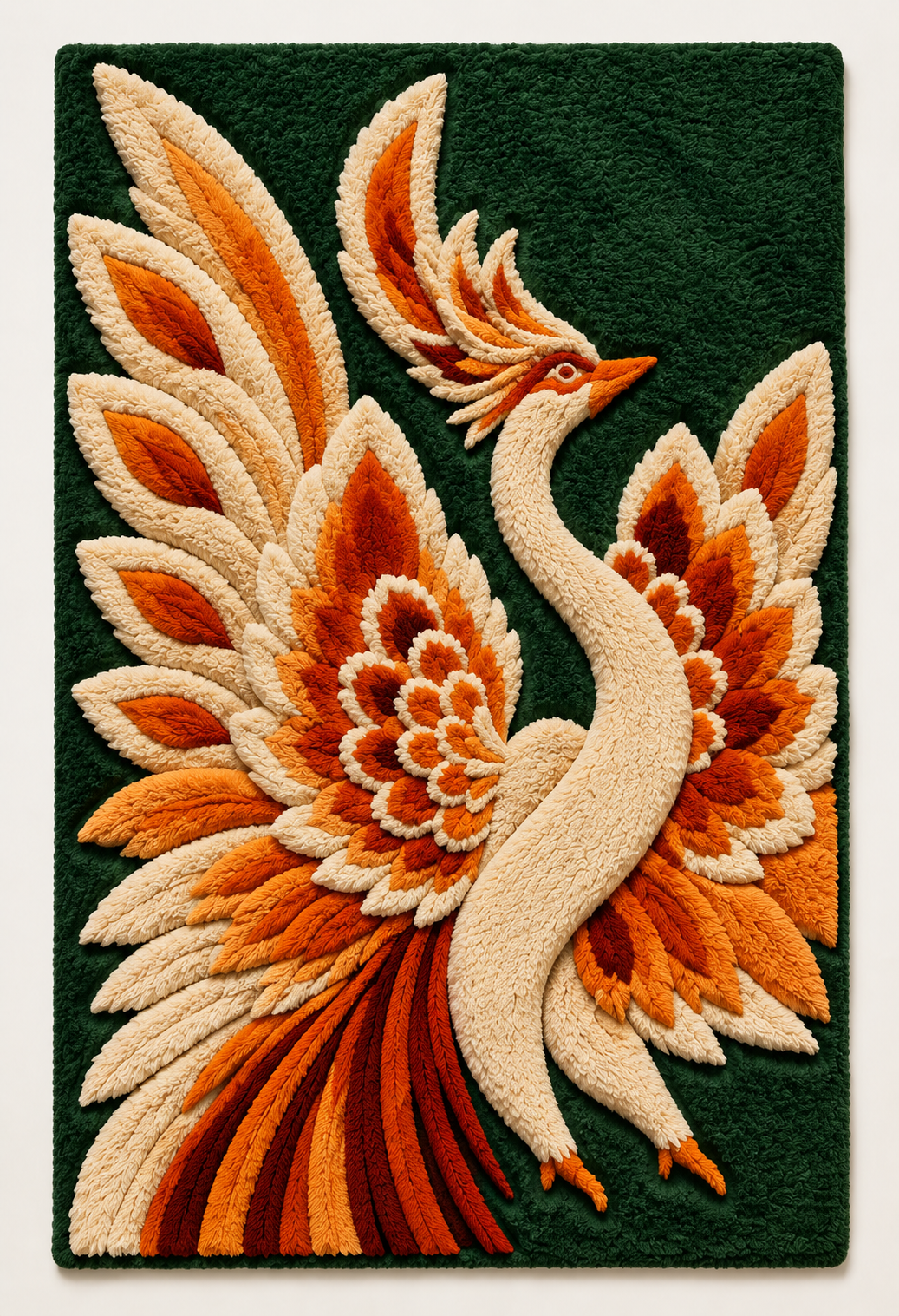Hewn Earth wall art titled Phoenix of the Jade Forest featuring a vibrant phoenix bird with lush green foliage background.
