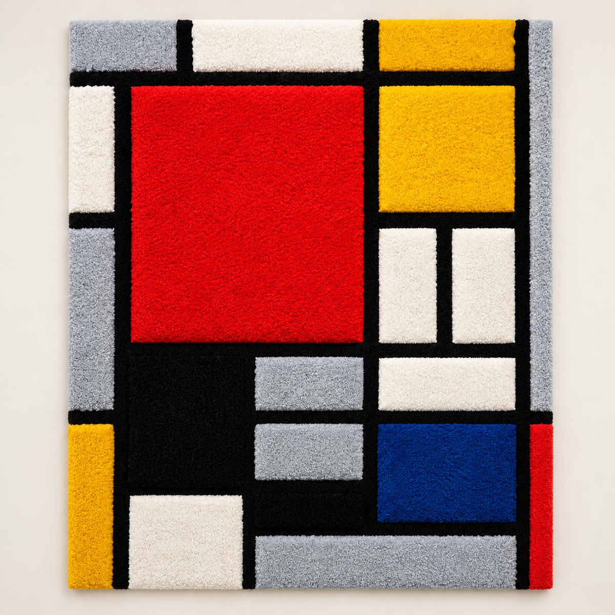 Composition with Large Red Plane, Yellow, Black, Gray and Blue after Piet Mondrian — front product view on a pale beige background [product-light]