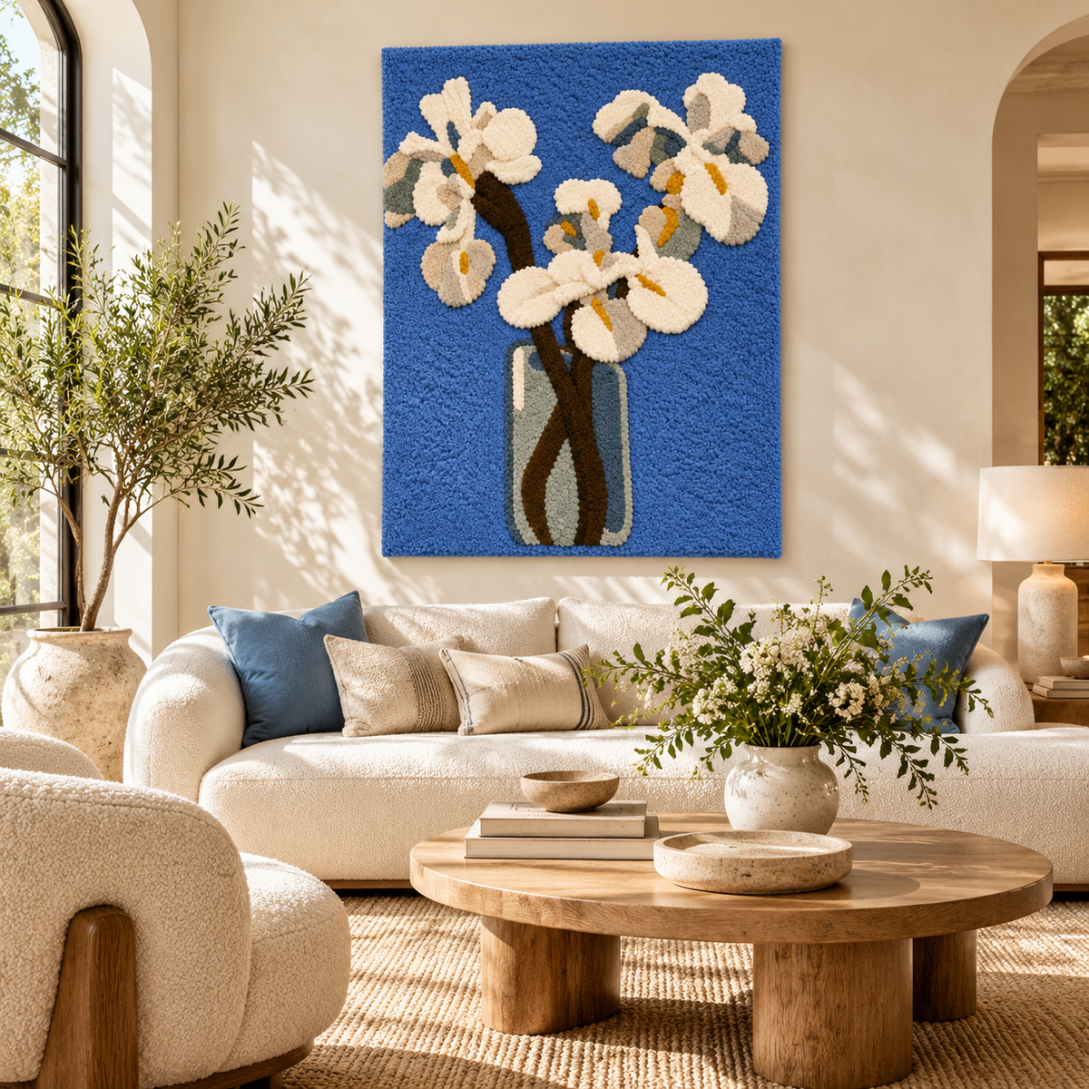 White Irises against a Light Blue Background II after Piet Mondrian — front-facing room scene [room-front]