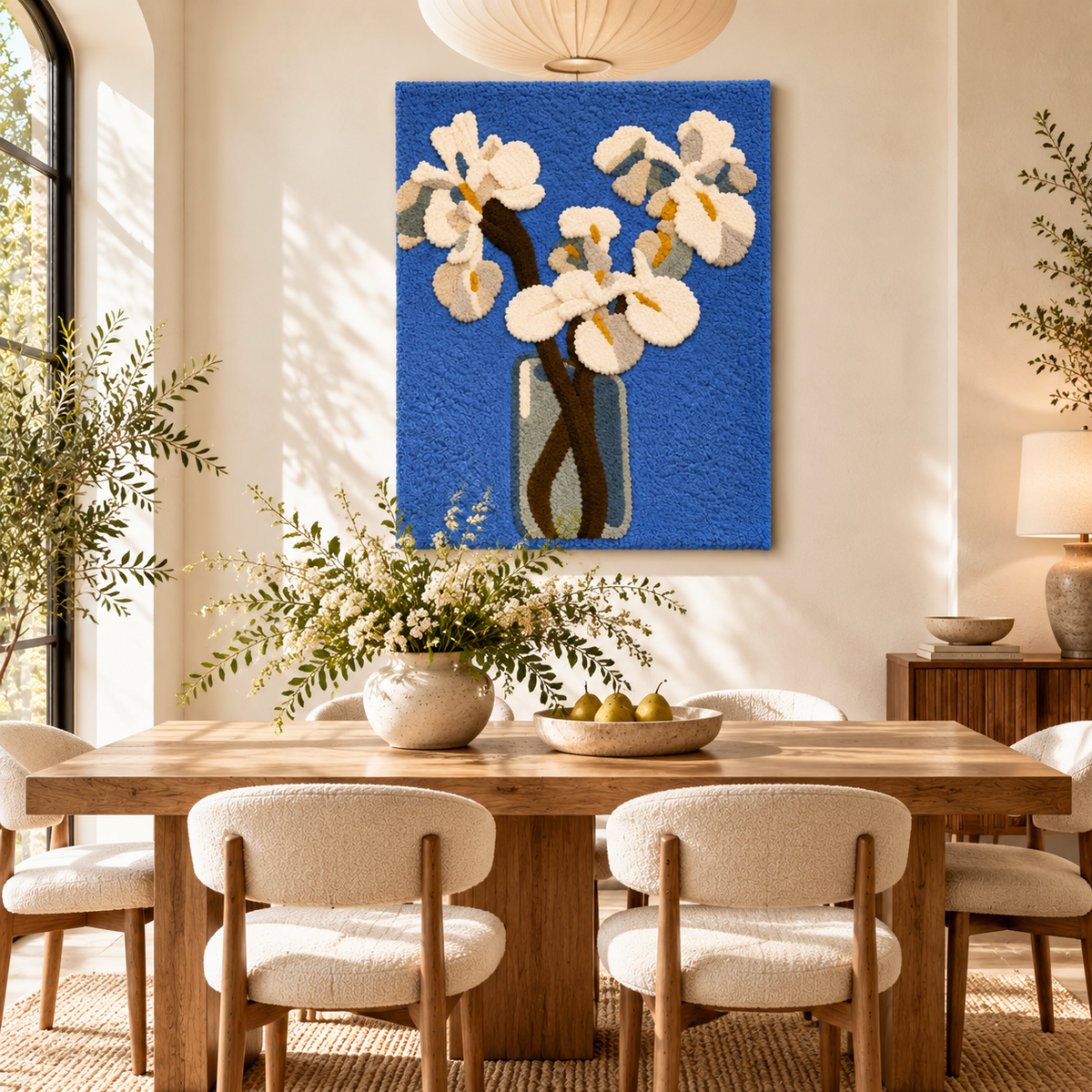 White Irises against a Light Blue Background II after Piet Mondrian — room setting