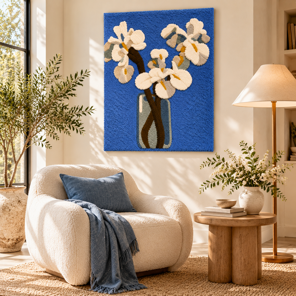 White Irises against a Light Blue Background II after Piet Mondrian — room setting