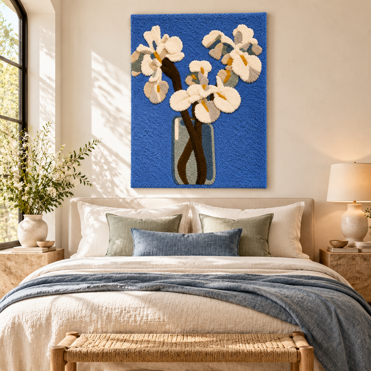 White Irises against a Light Blue Background II after Piet Mondrian — room setting