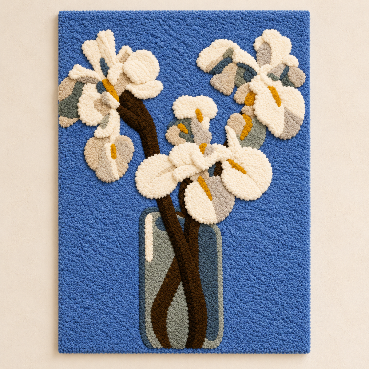 White Irises against a Light Blue Background II after Piet Mondrian — front product view on a pale beige background [product-light]