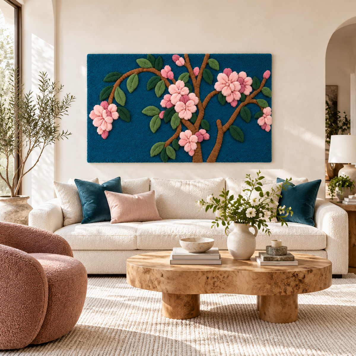 Pink Blossoms at Blue Dusk — front-facing room scene