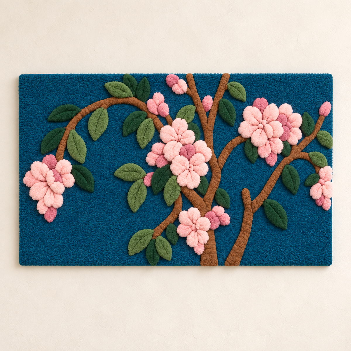 Hewn Earth wall art featuring pink blossoms against a blue dusk sky, perfect for adding a serene floral touch to a room.