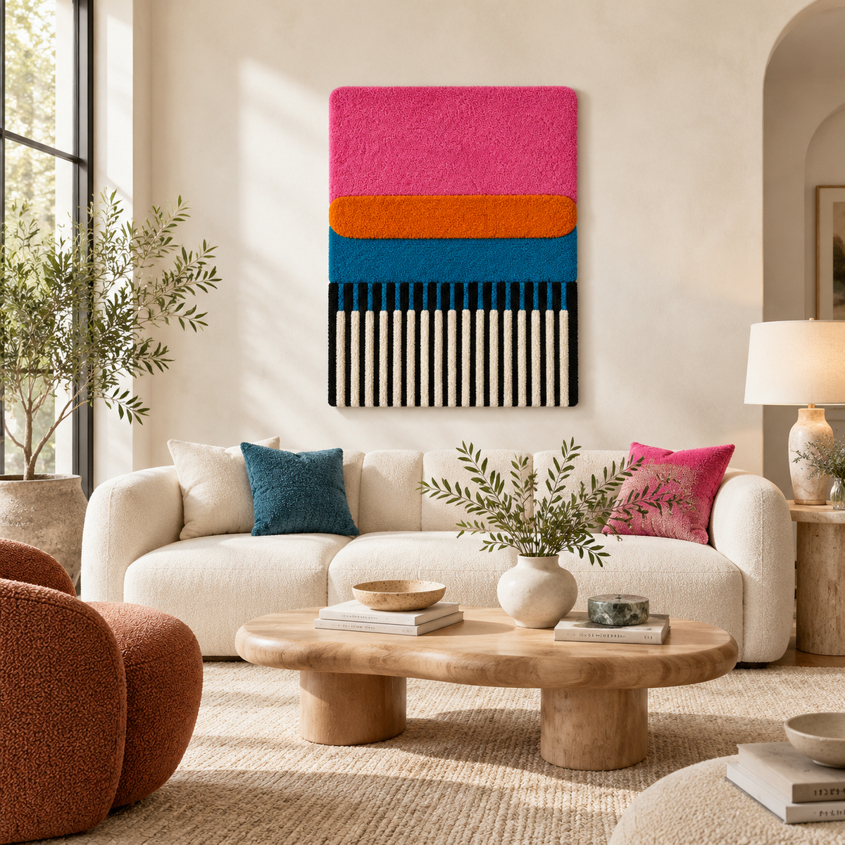 Hewn Earth Pink Citrus Stripe Cadence wall art featuring vibrant pink and citrus stripe design for modern home decor.
