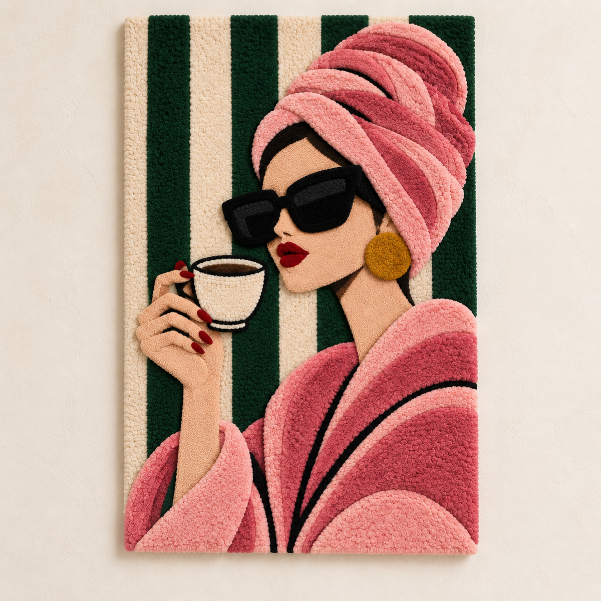 Hewn Earth pink wall art featuring a turban and morning coffee scene, vibrant colors and artistic design for home decor.