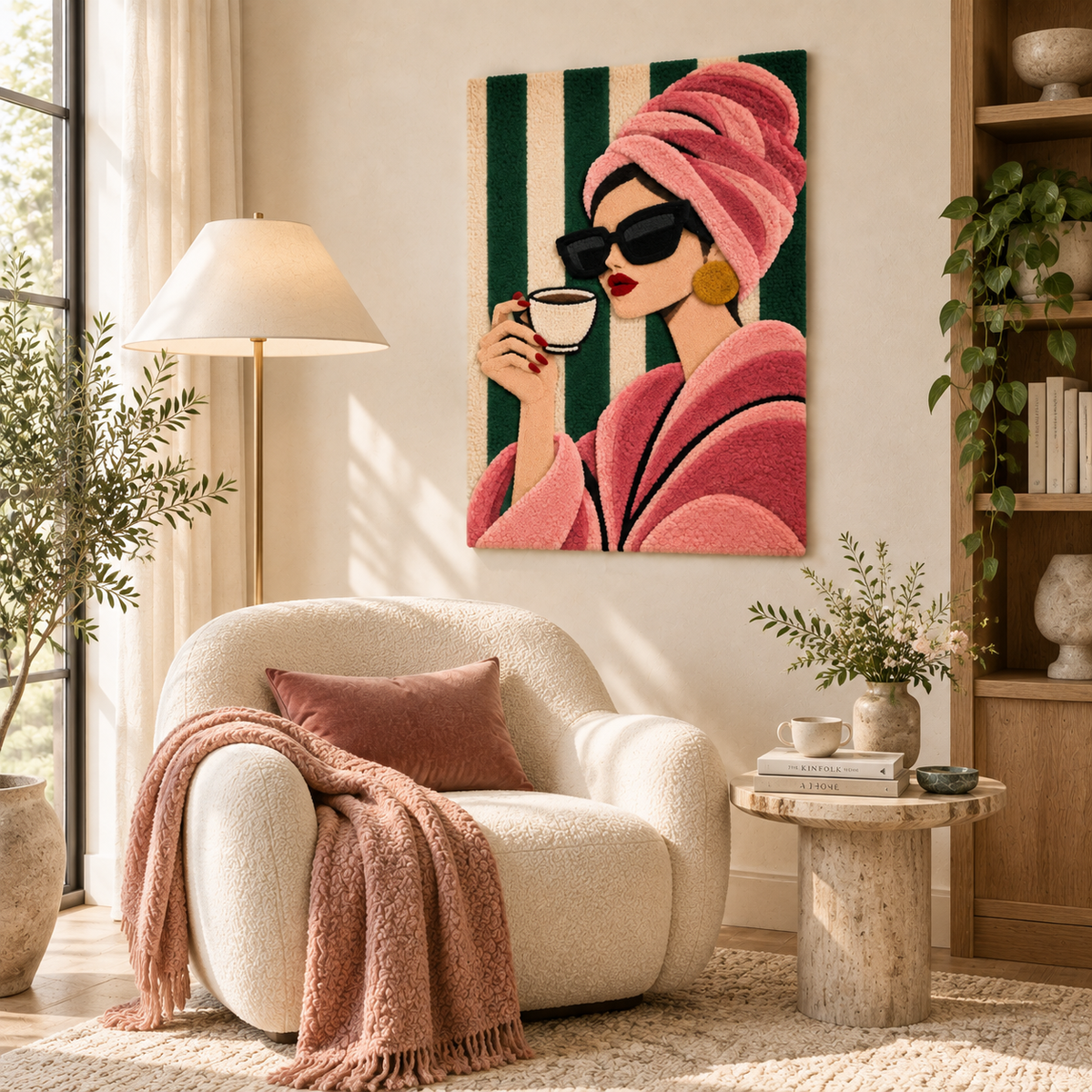 Hewn Earth wall art featuring a pink turban and morning coffee scene, vibrant artwork for modern home decor.