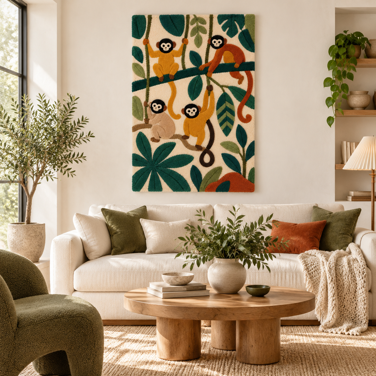 Colorful Playful Canopy Monkeys wall art by Hewn Earth featuring a vibrant jungle scene with playful monkeys for children's decor