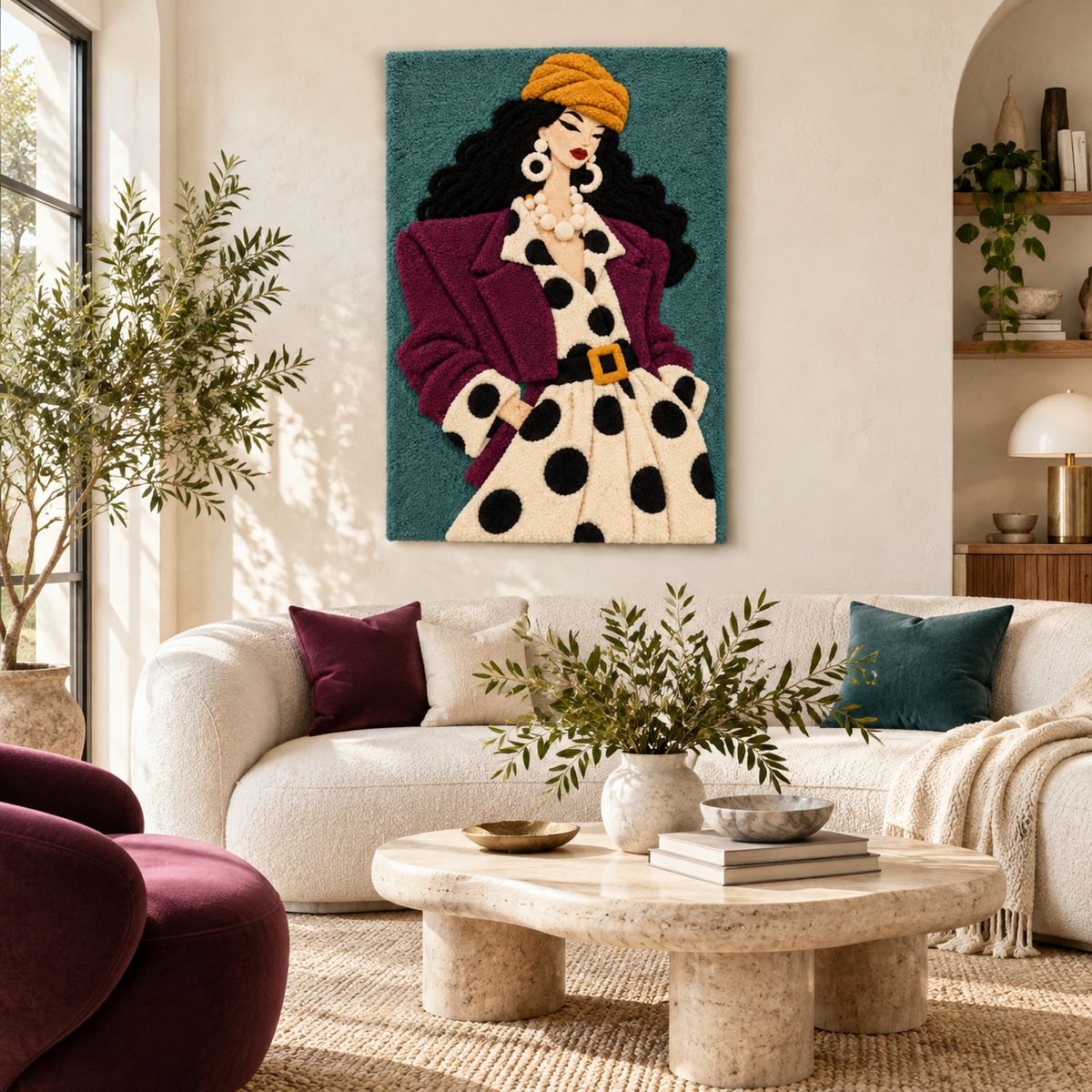 Hewn Earth wall art featuring a plum coat and polka poise design, showcasing vibrant colors and artistic detail for home decor.
