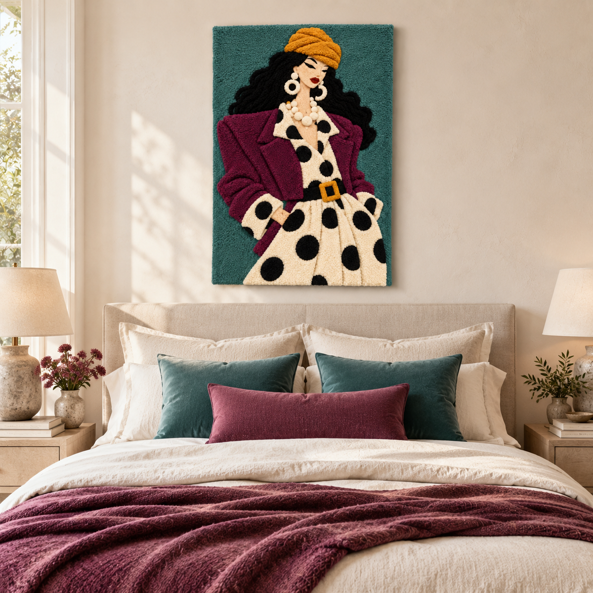 Plum Coat and Polka Poise — room setting