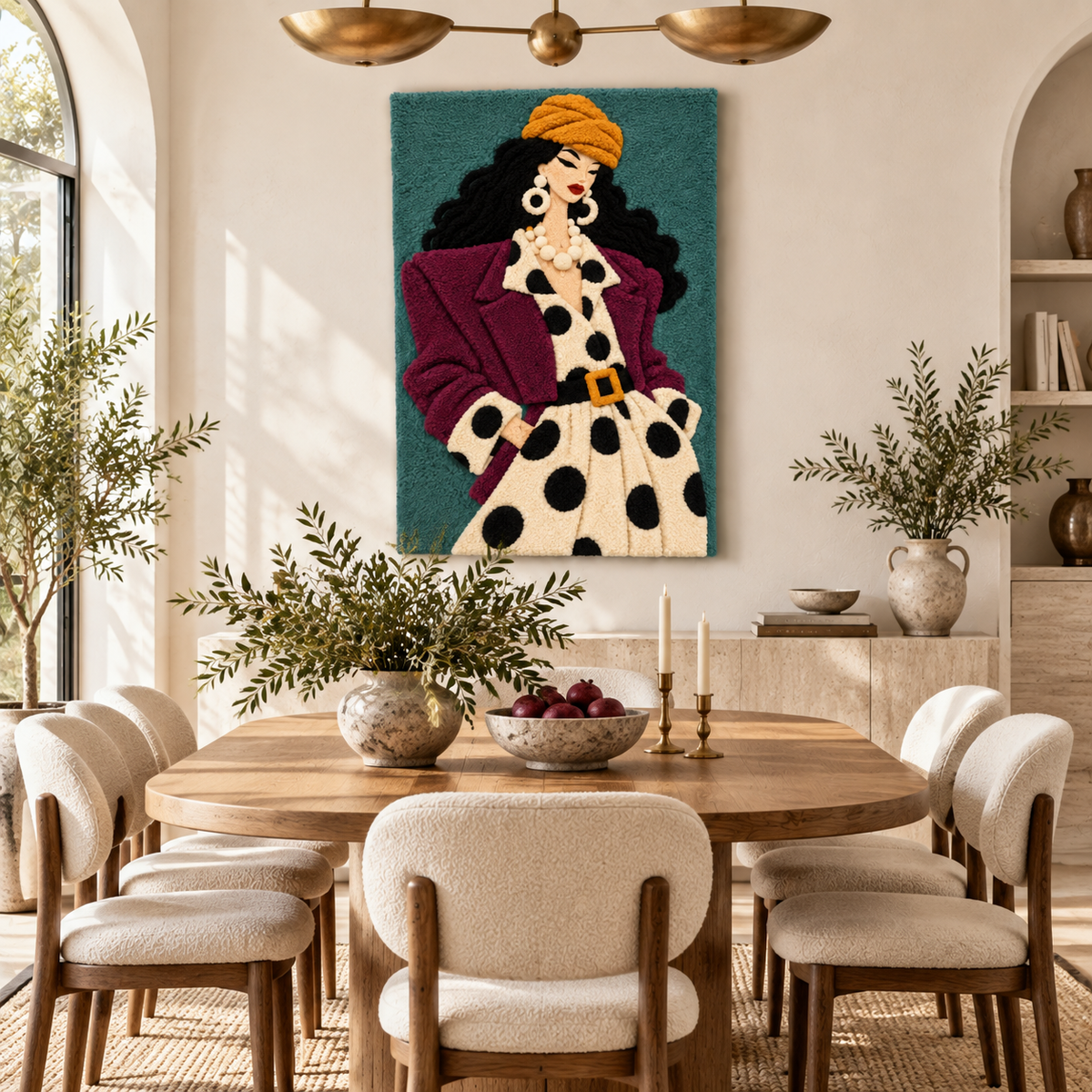 Plum Coat and Polka Poise — room setting