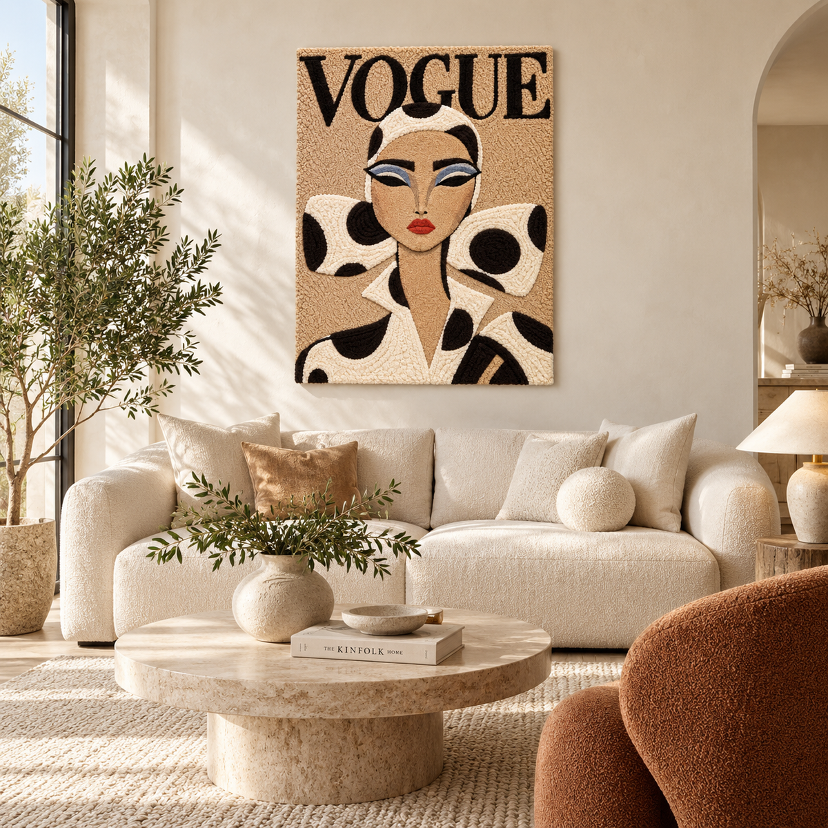 Hewn Earth Polka Dot Couture Portrait wall art featuring a colorful polka dot design displayed in a modern room setting.