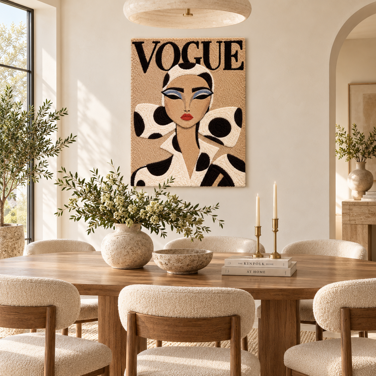 Hewn Earth Polka Dot Couture Portrait wall art featuring a colorful polka dot design, displayed in a modern room setting.