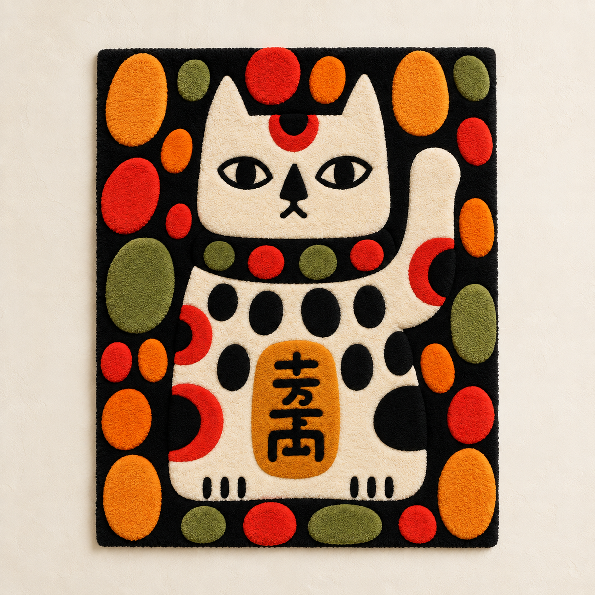 Hewn Earth Polka Dot Fortune Cat wall art featuring a colorful ceramic cat with polka dot patterns on a white background.
