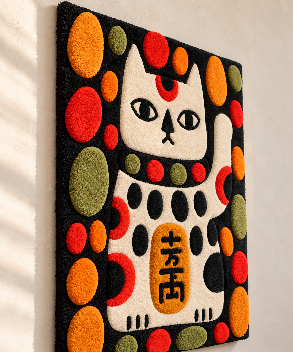 Polka Dot Fortune Cat wall art by Hewn Earth, featuring a colorful cat design with polka dots, displayed at an angle.