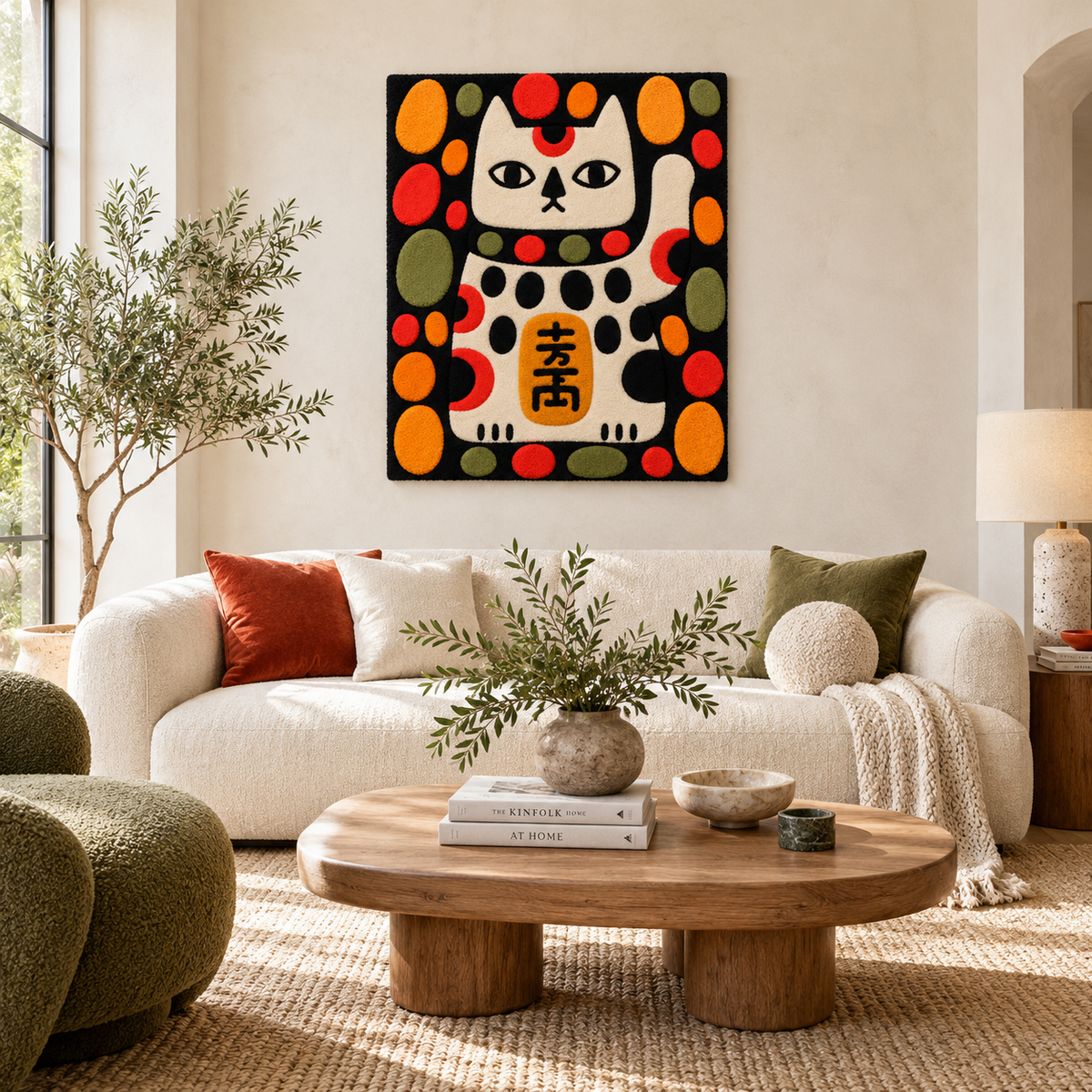 Hewn Earth Polka Dot Fortune Cat wall art featuring a colorful, whimsical cat design for home decor and interior decoration.