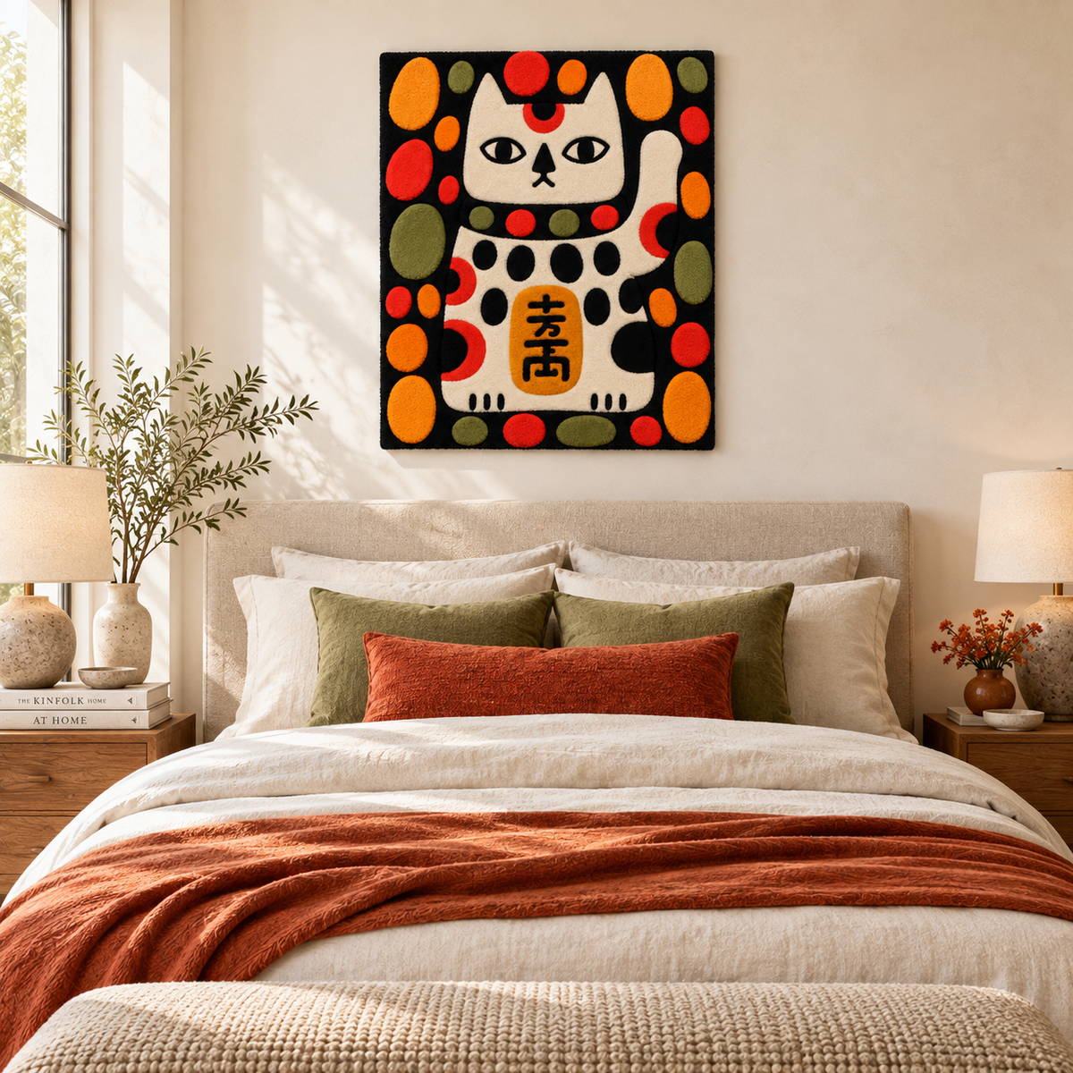 Hewn Earth polka dot Fortune Cat wall art featuring a colorful, playful design with a smiling cat and polka dot pattern.