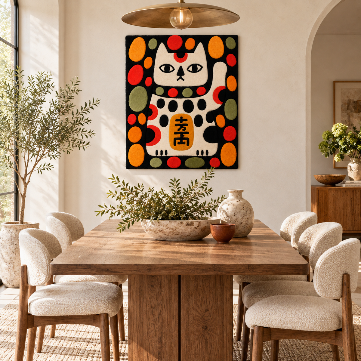 Hewn Earth polka dot fortune cat wall art hanging on a room wall, colorful and playful decorative piece.