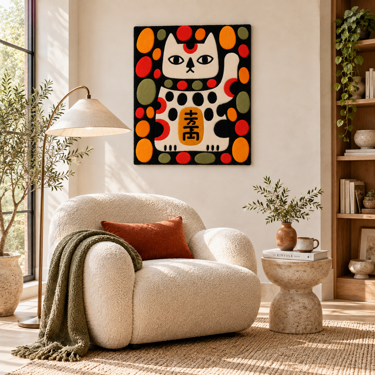 Hewn Earth polka dot fortune cat wall art featuring a colorful cat design hanging on a room wall.