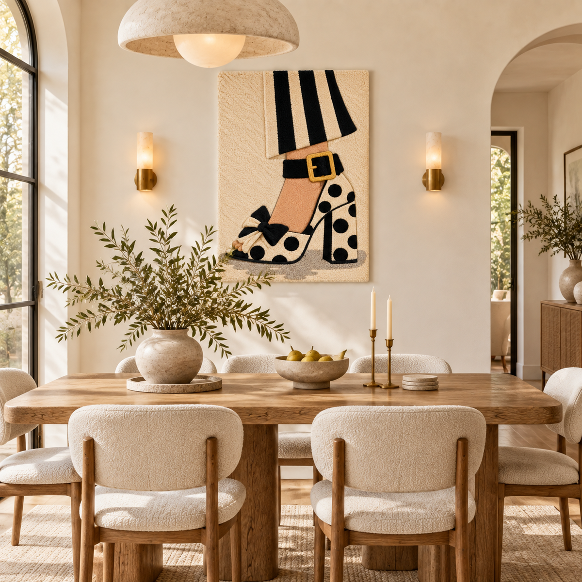 Hewn Earth wall art featuring a polka dot heel design and striped hem pattern in a modern room scene.