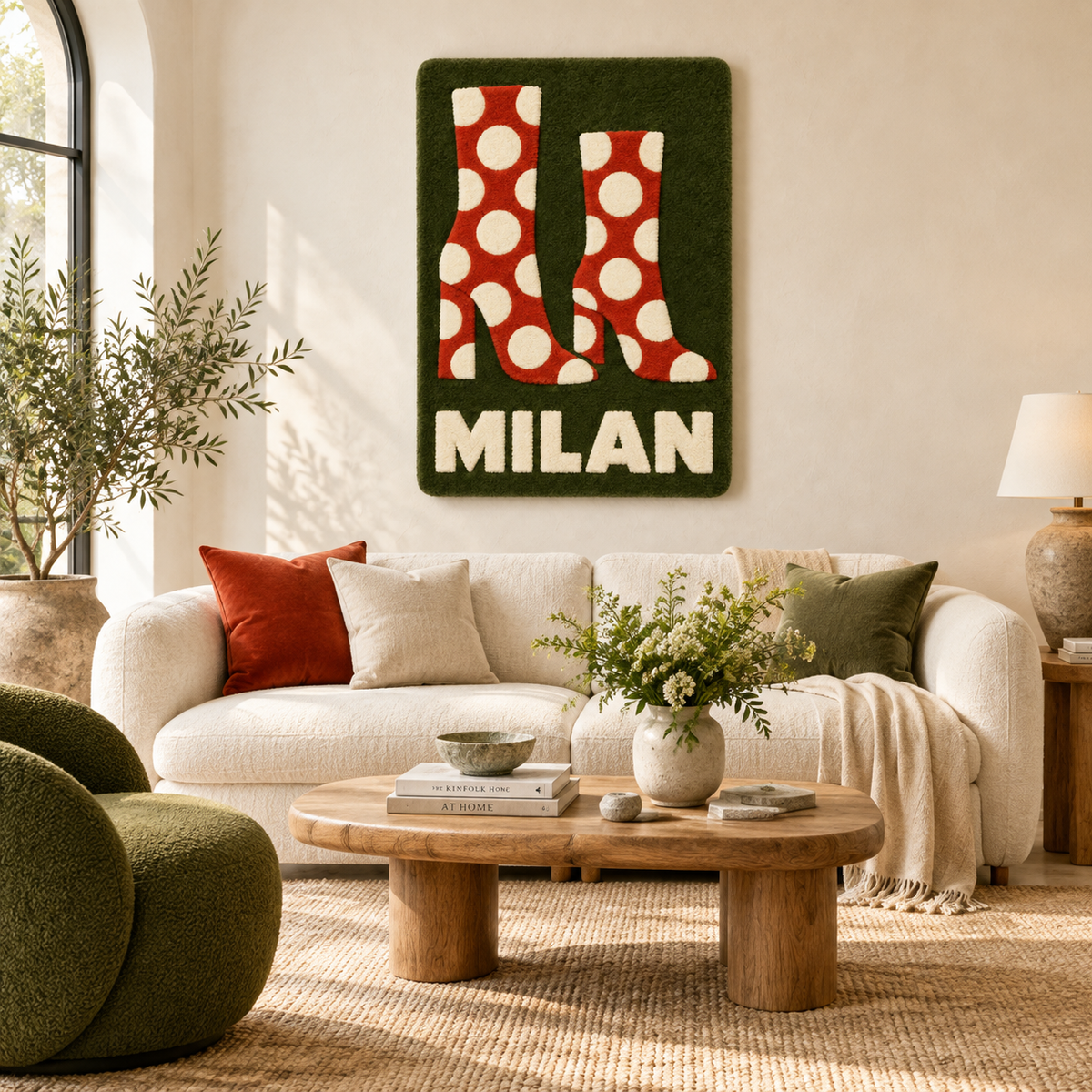 Hewn Earth Polka Dots in Milan wall art featuring colorful polka dot pattern on a plain background for modern home decor.
