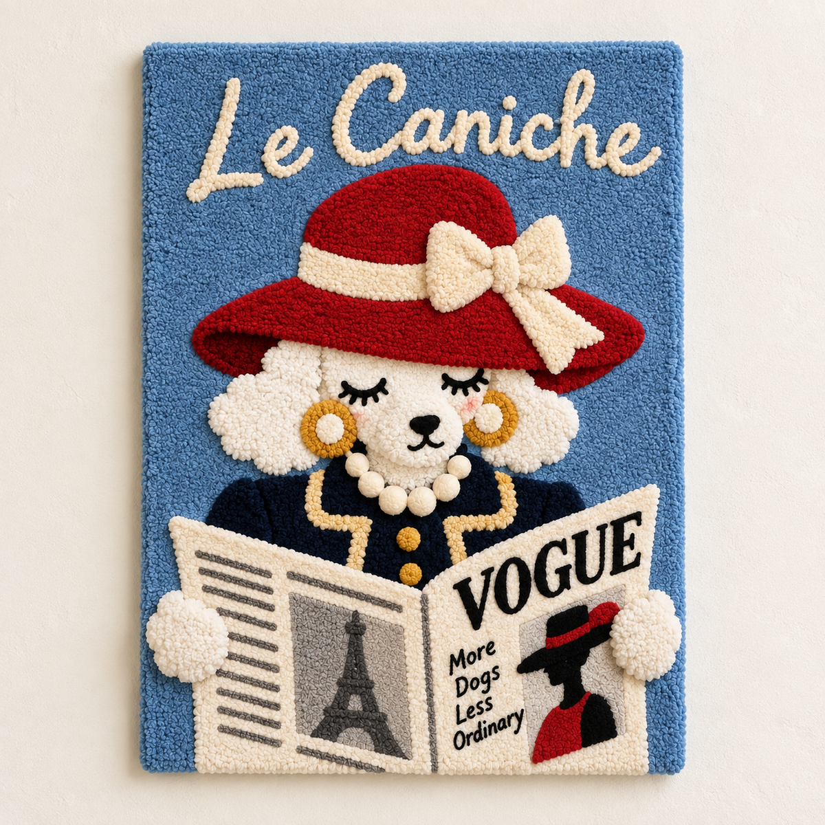 Wall art featuring a poodle reading the fashion pages, designed by Hewn Earth, suitable for stylish home decor.