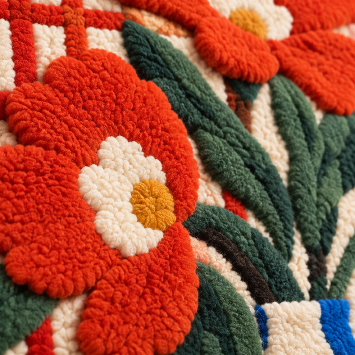 Poppies Above the Blue Bay — tufted wool texture detail