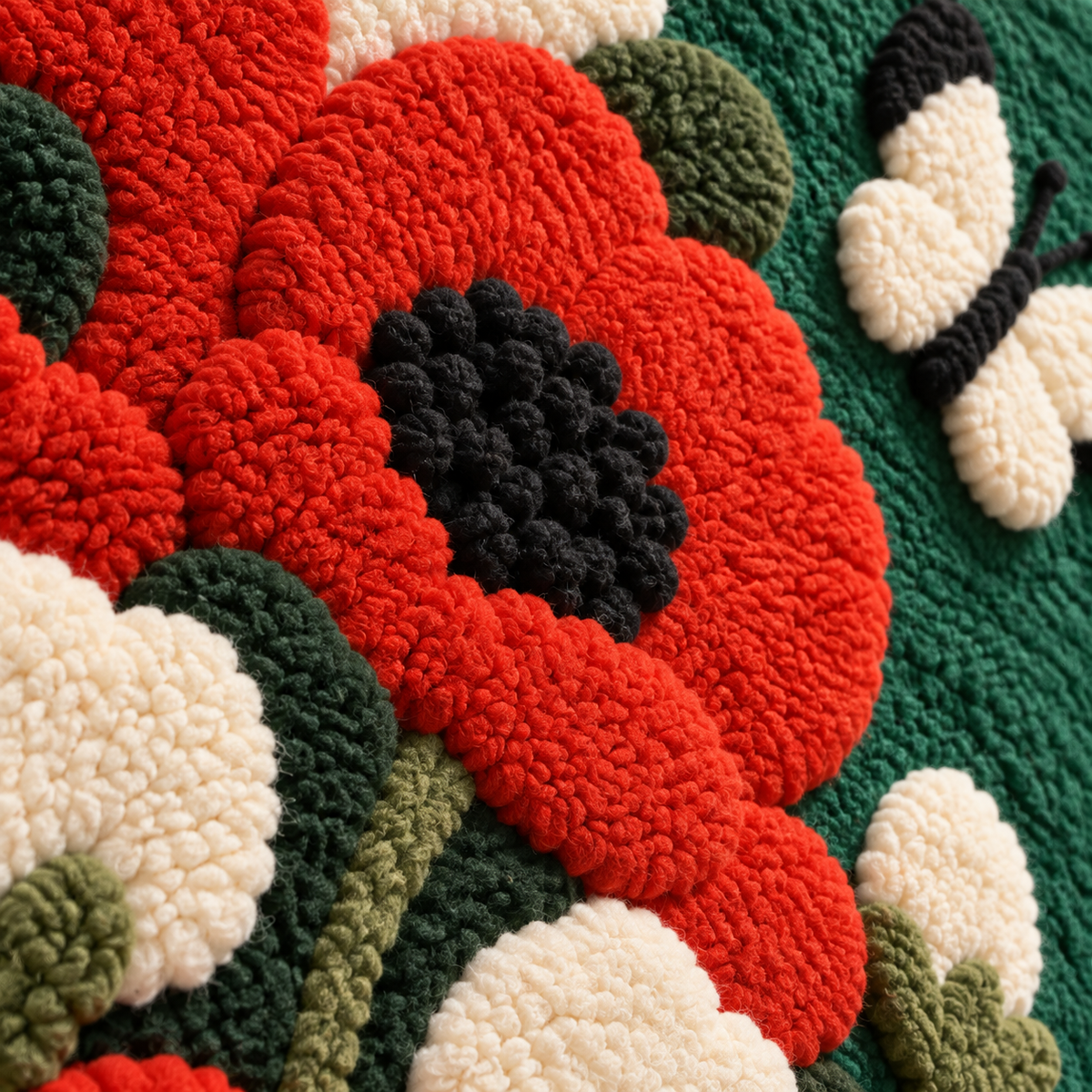 Poppies and Ivory Butterflies — tufted wool texture detail
